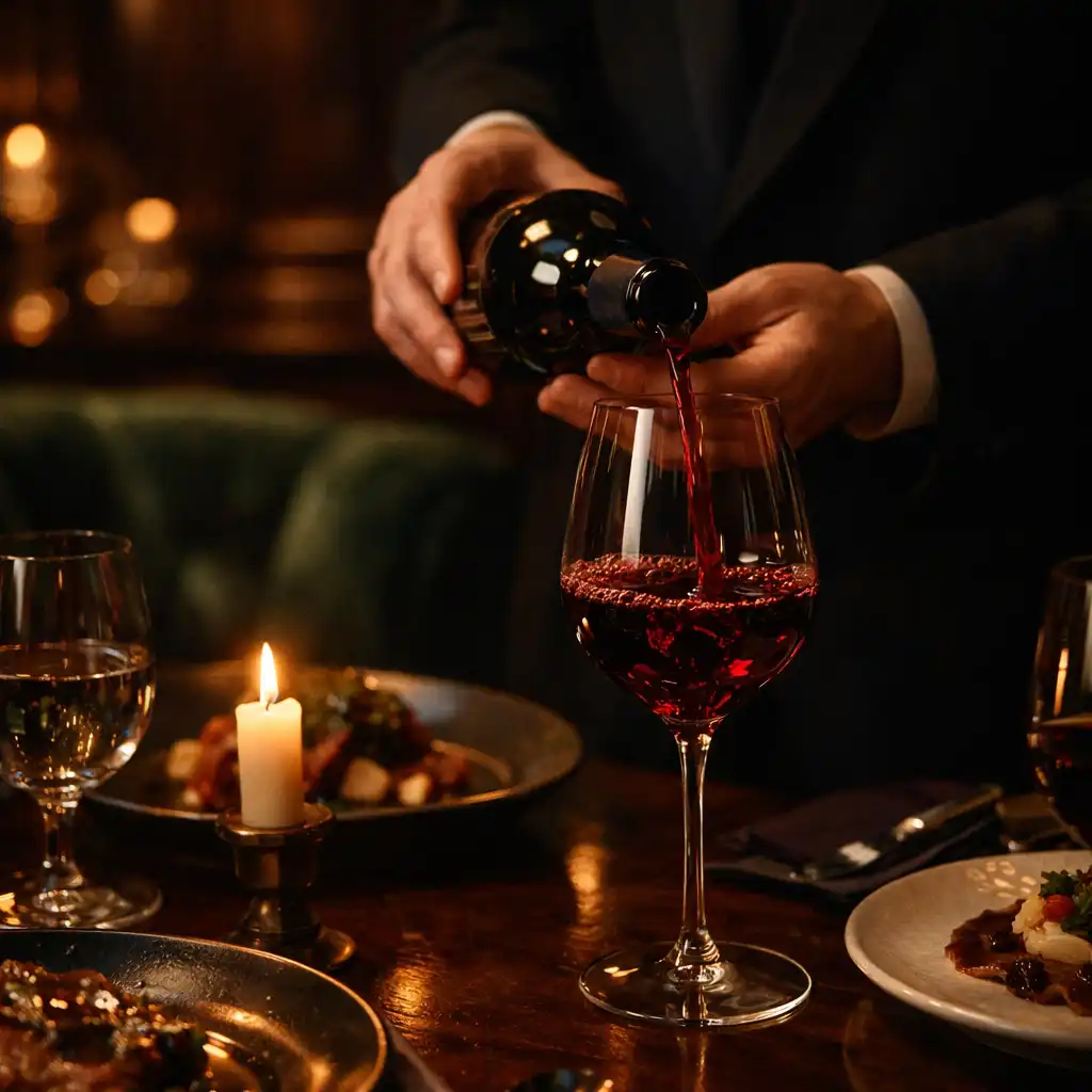 Mains d’un sommelier versant du vin dans un verre à table