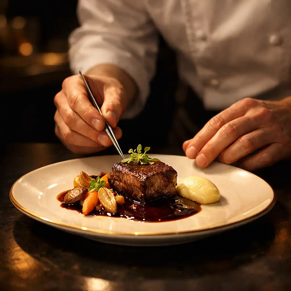 Chef finalisant une assiette gastronomique dans une lumière chaude