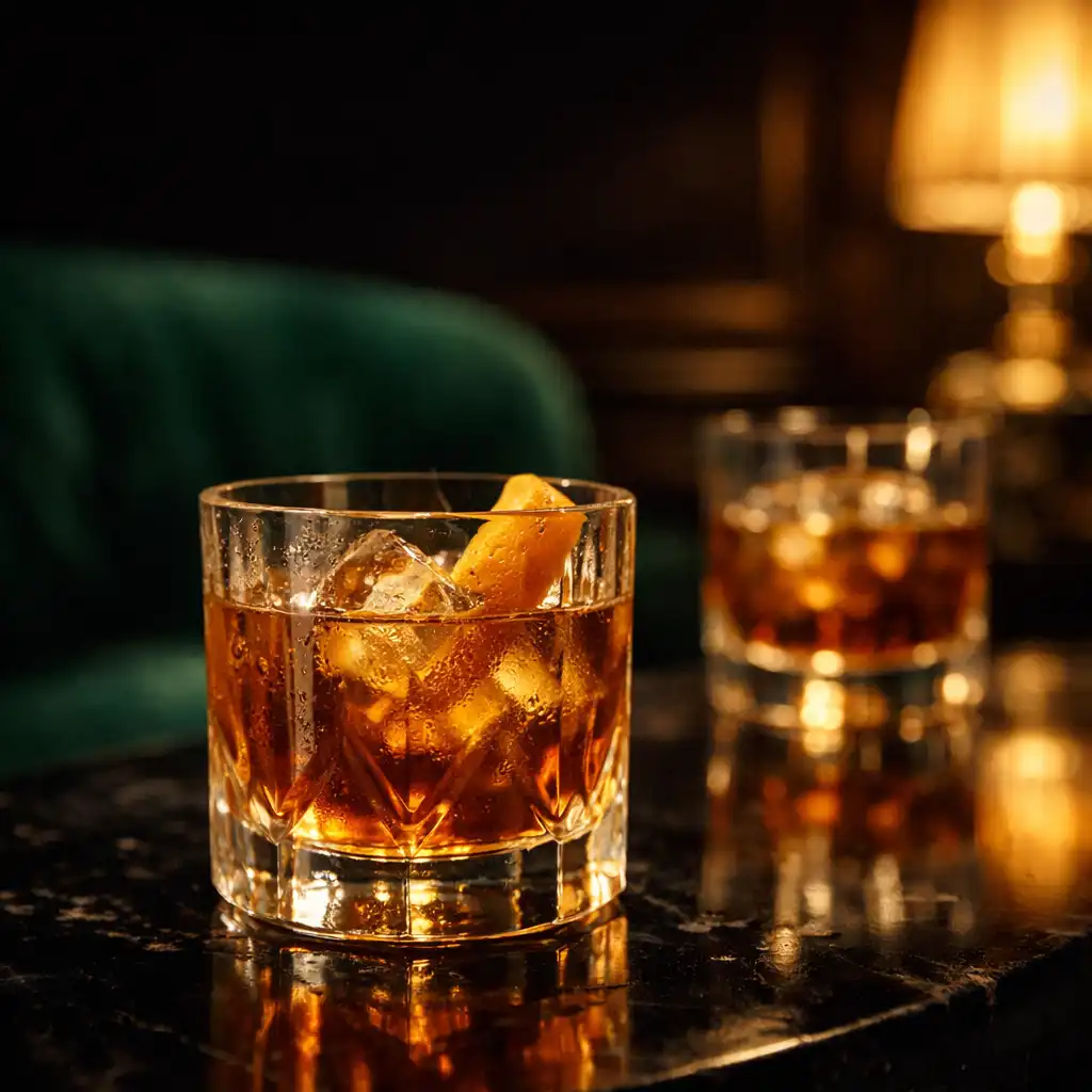 Cocktail ambré posé sur une table sombre avec velours émeraude en arrière-plan