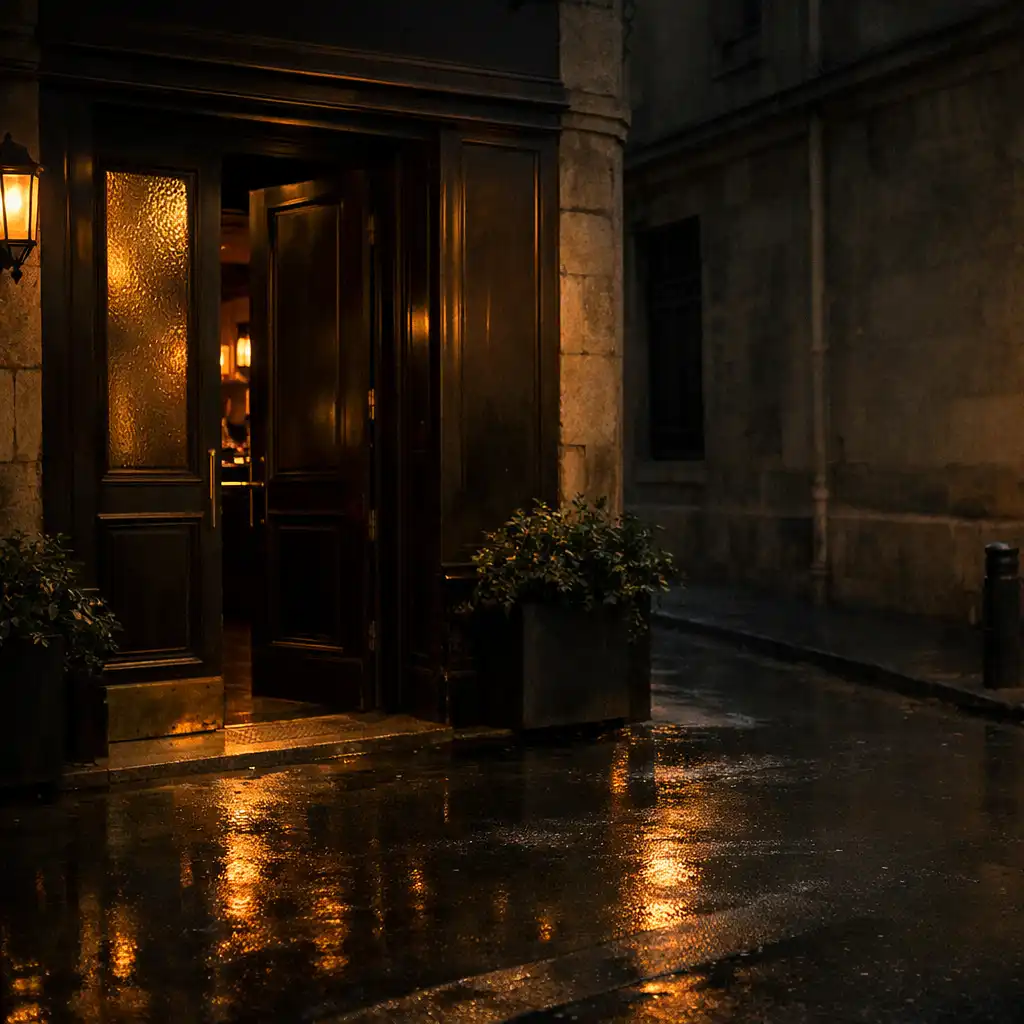 Seuil élégant d’un restaurant parisien au crépuscule, avec reflets ambrés sur le trottoir.