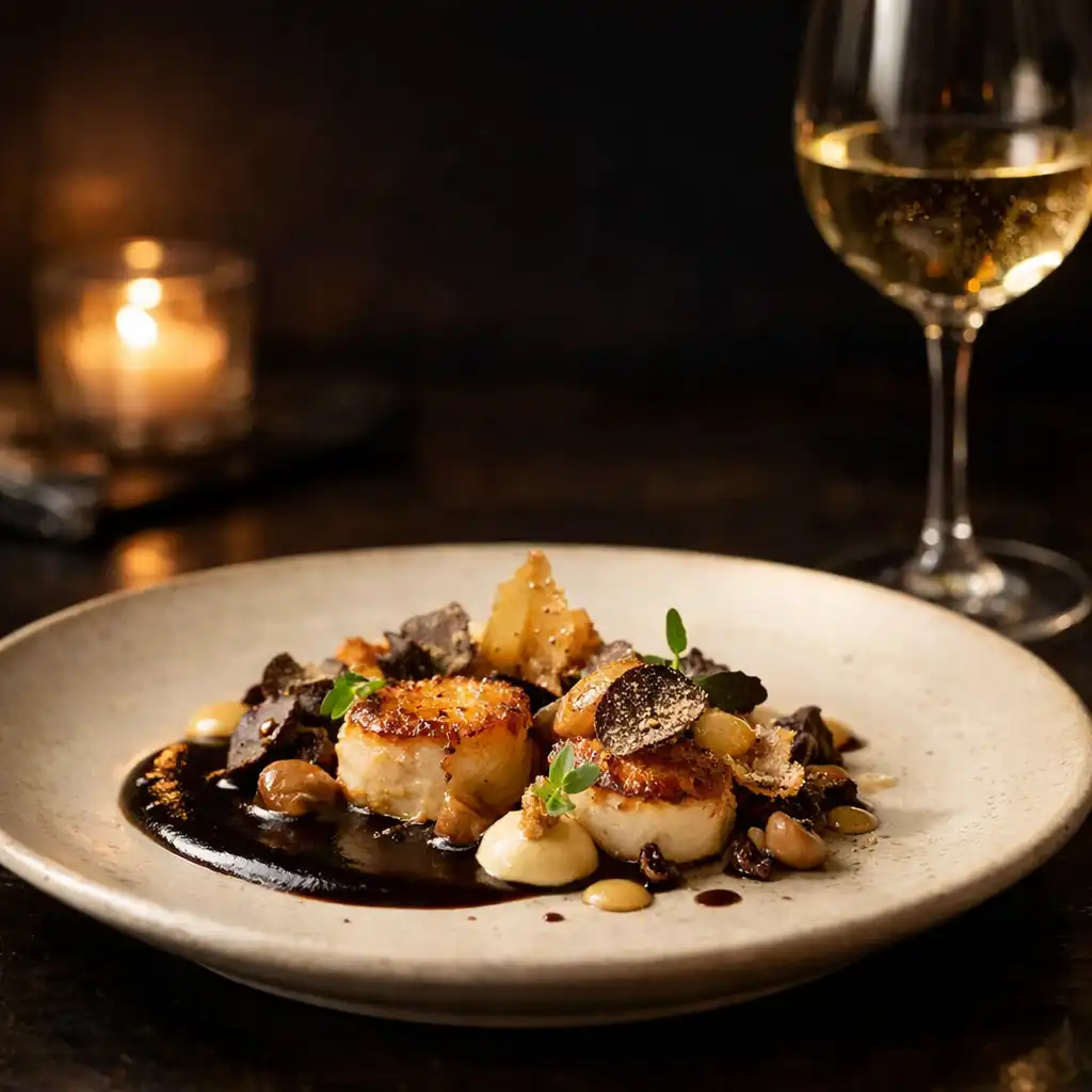 Assiette gastronomique sur une table sombre, accompagnée d’un verre de vin