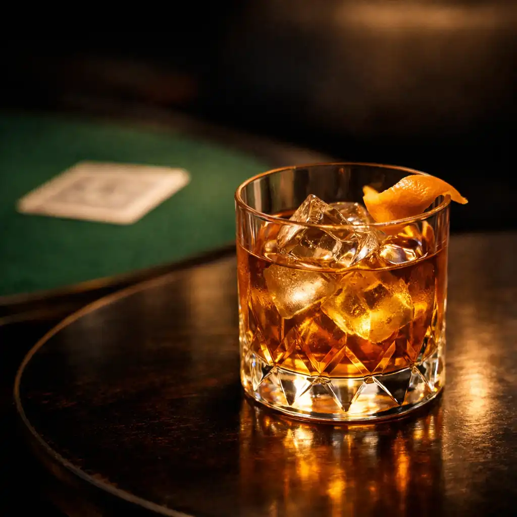Cocktail ambré posé sur une table sombre aux reflets chauds