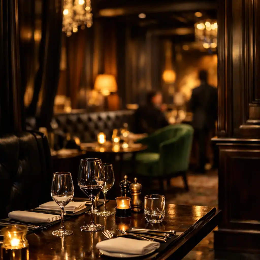 Salon de restaurant feutré au crépuscule avec une table dressée au premier plan