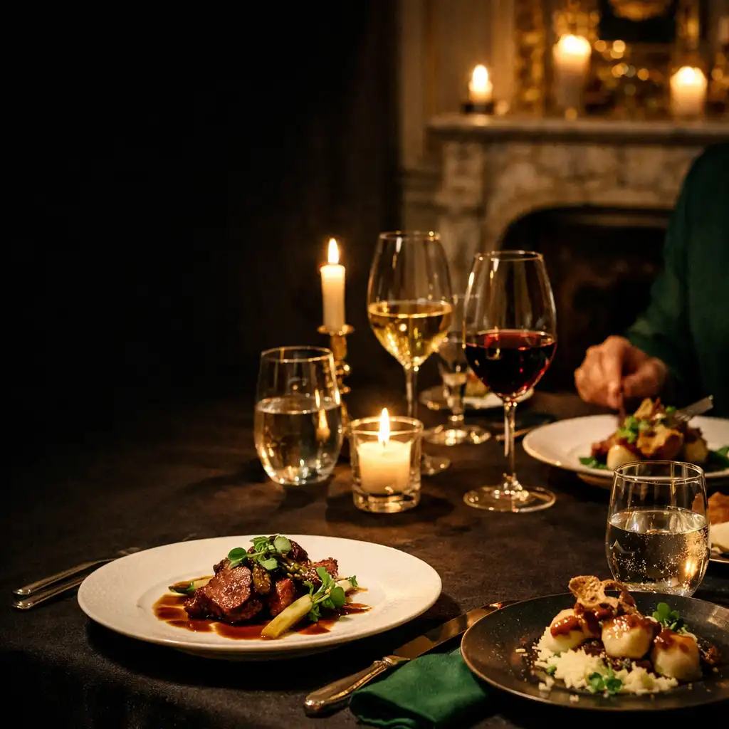 Table de dîner privée éclairée par une lumière chaude, avec assiettes et verres à vin