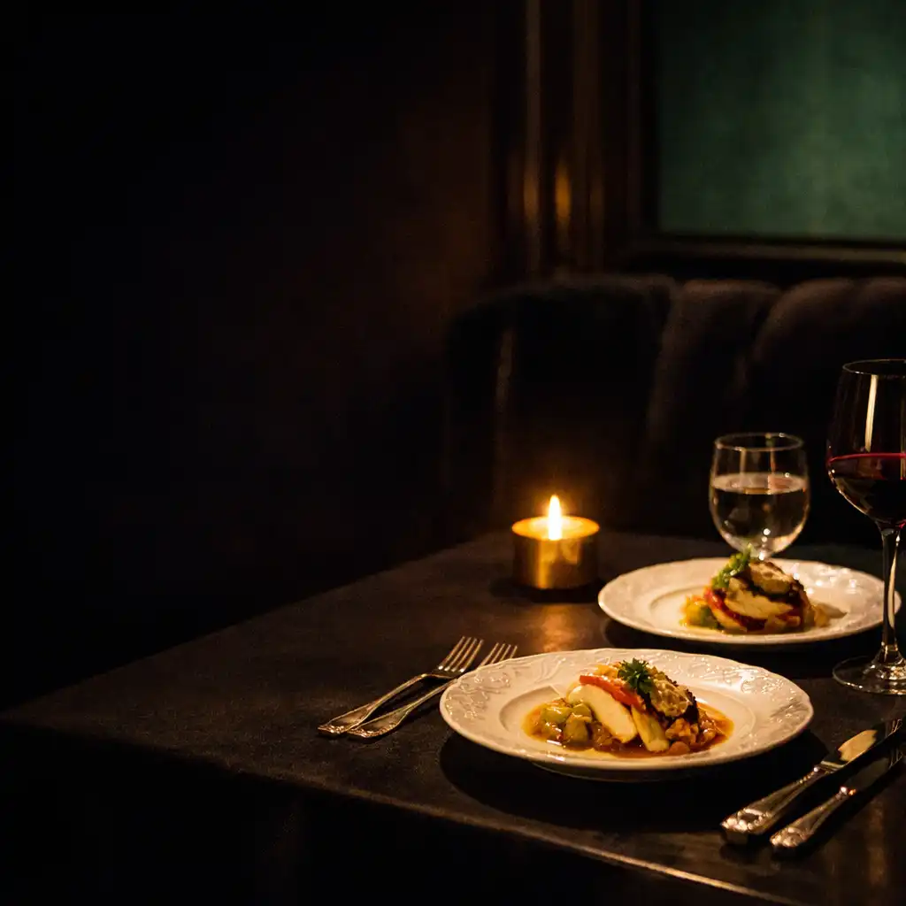Table gastronomique intimiste éclairée dans un salon parisien sombre