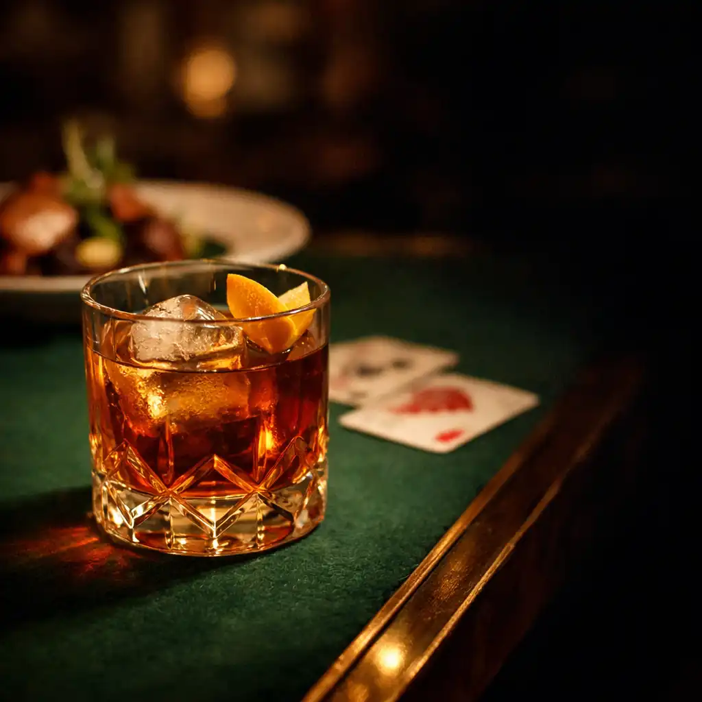Cocktail ambré posé près d’un feutre émeraude et de cartes discrètes