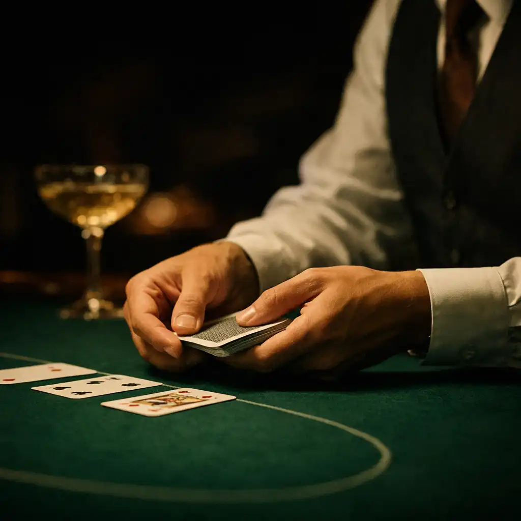 Mains d’un donneur en direct distribuant des cartes sur une table au feutre émeraude