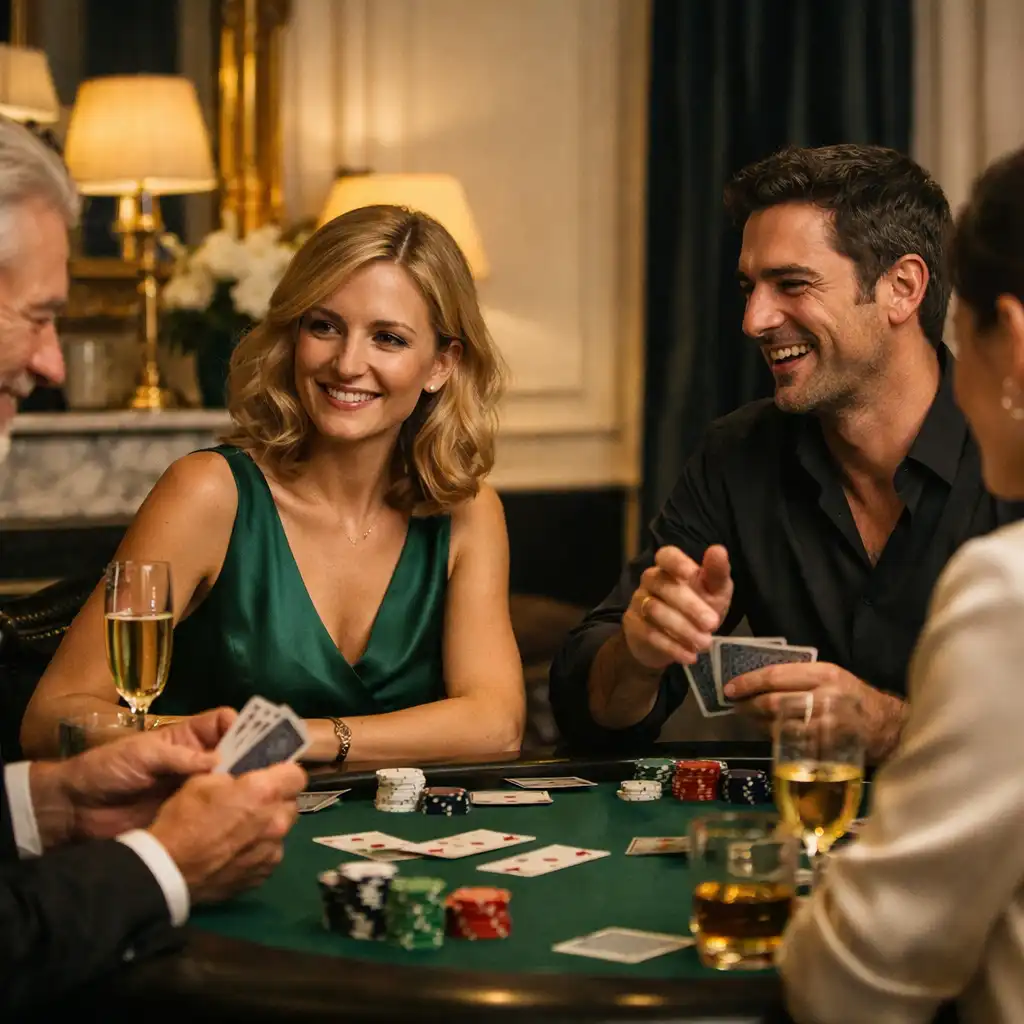 Invités réunis autour d’une table de poker dans un salon aux lumières chaudes