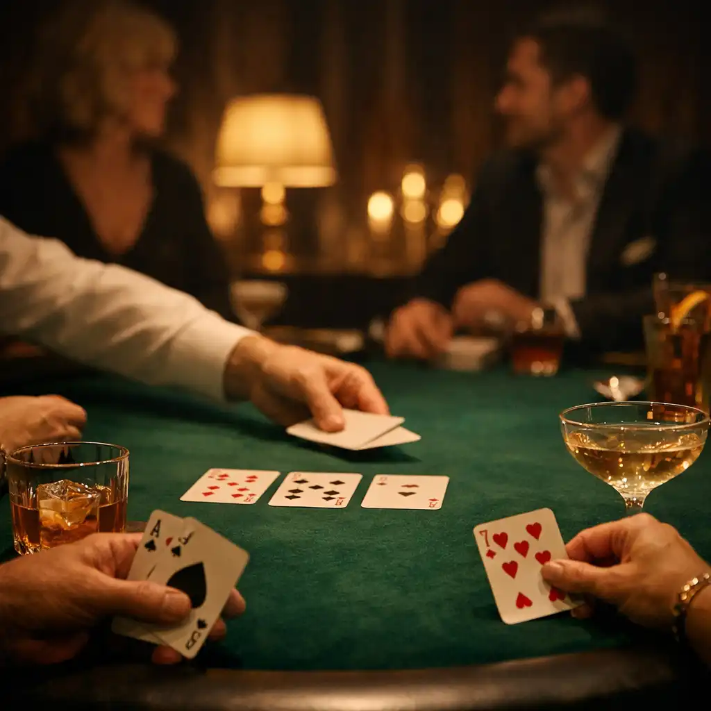 Mains de convives autour d’une table de poker en feutre émeraude, avec des verres dans un lounge chaleureux