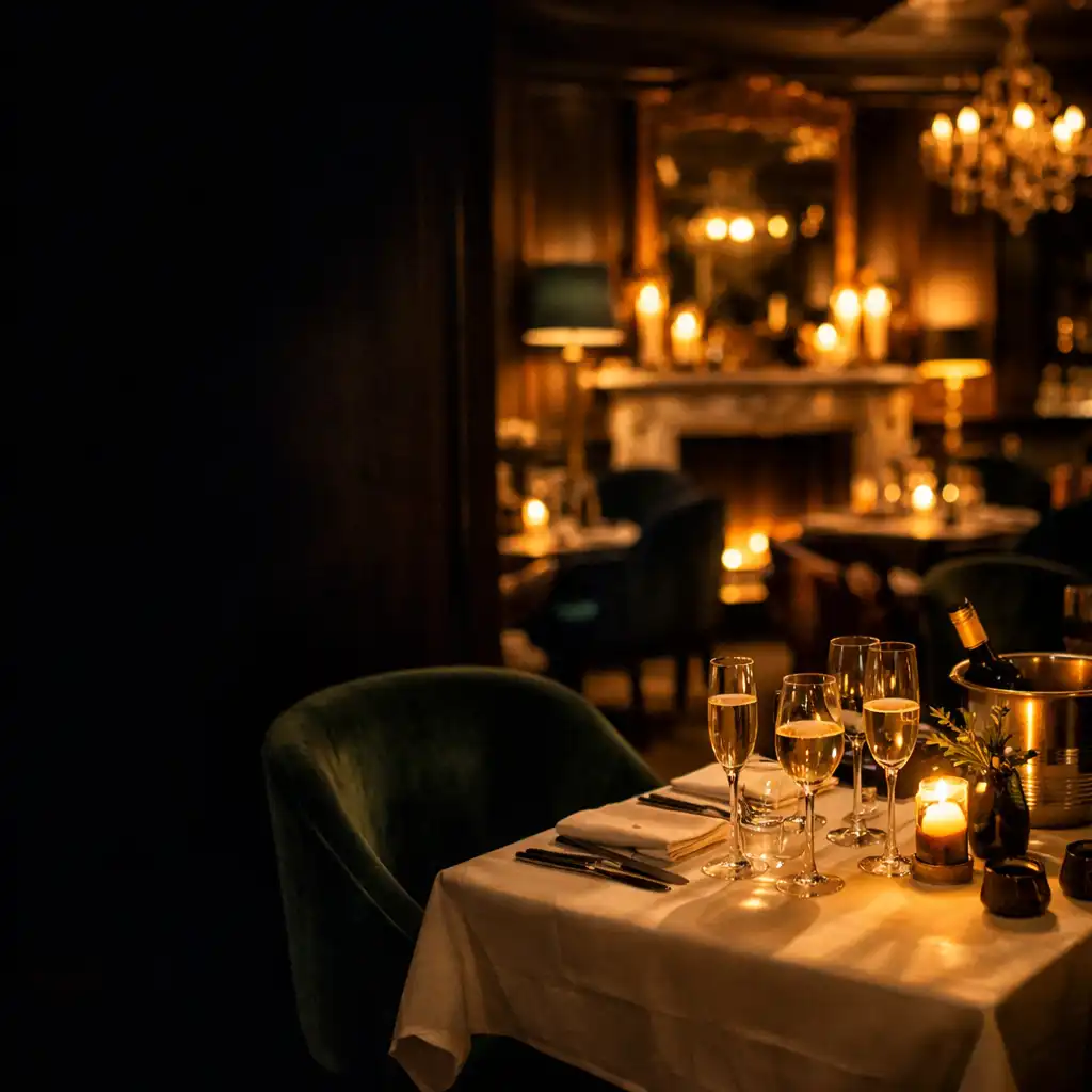 Table dressée et fauteuils confortables dans le salon parisien en lumière du soir