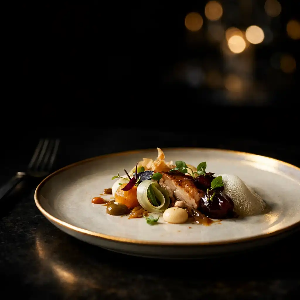 Assiette gastronomique raffinée servie sur une table sombre du Salon des Lucioles.