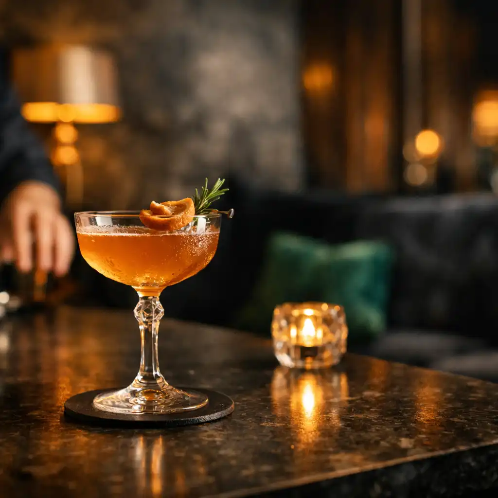 Cocktail servi sur un comptoir sombre dans la lumière chaude du Salon des Lucioles.