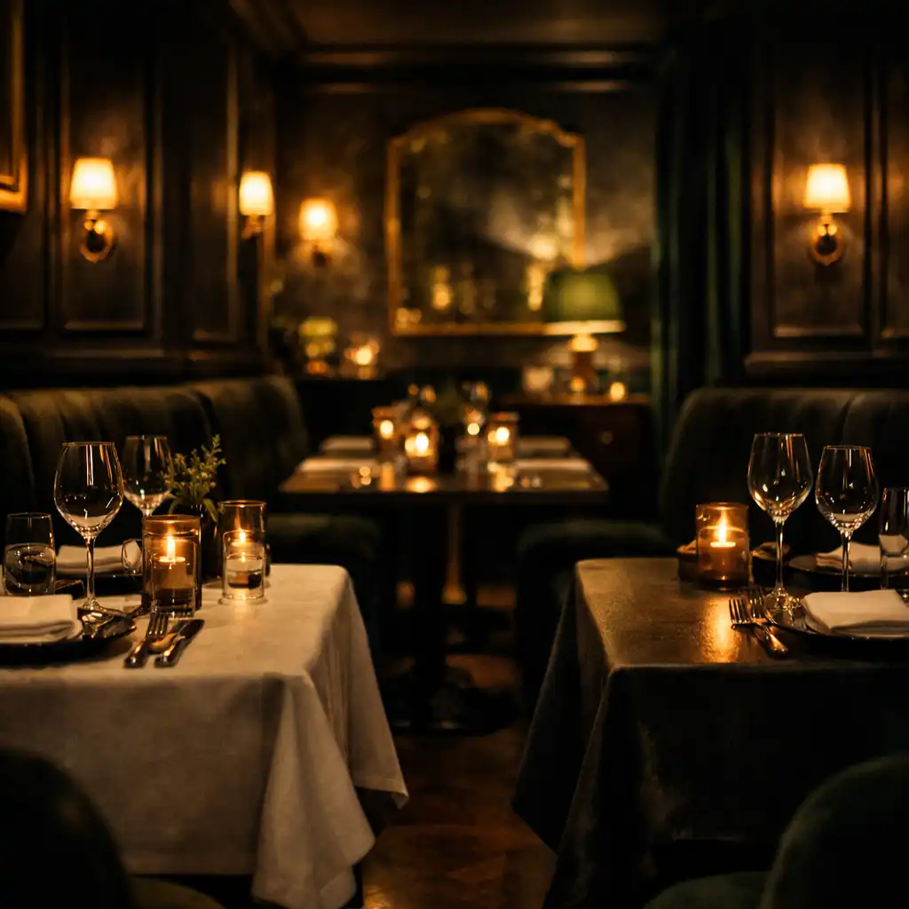 Salle de restaurant feutrée du Salon des Lucioles, préparée avant le service.