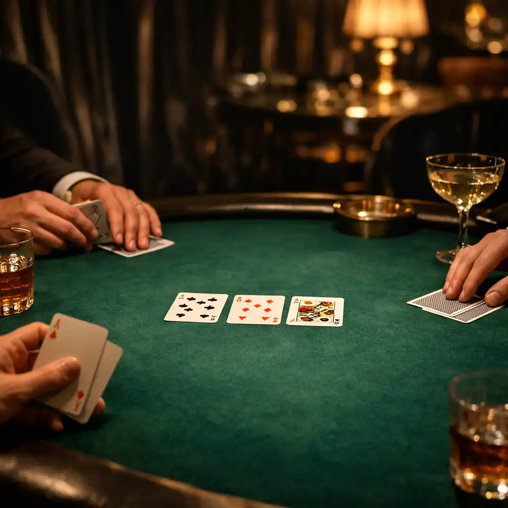 Mains autour d'une table de poker en feutre émeraude, avec cartes et verres dans un salon privé.