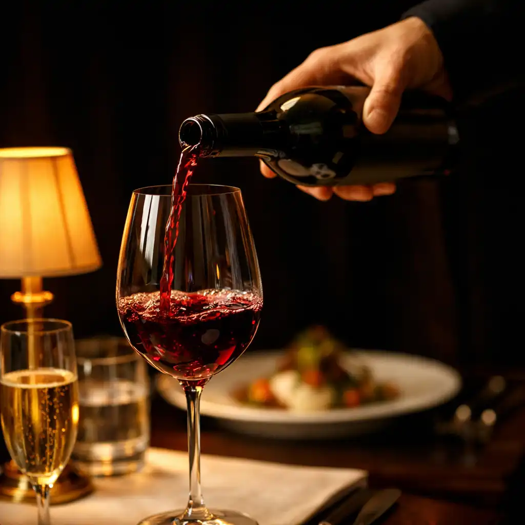 Main versant du vin dans un verre près d'une table dressée.