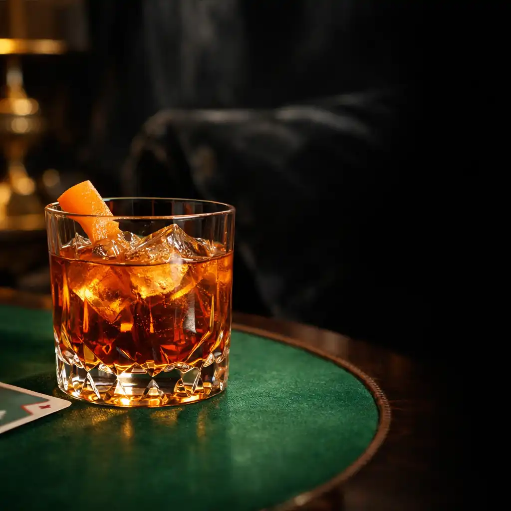 Cocktail ambré posé près d’un feutre vert émeraude dans le salon