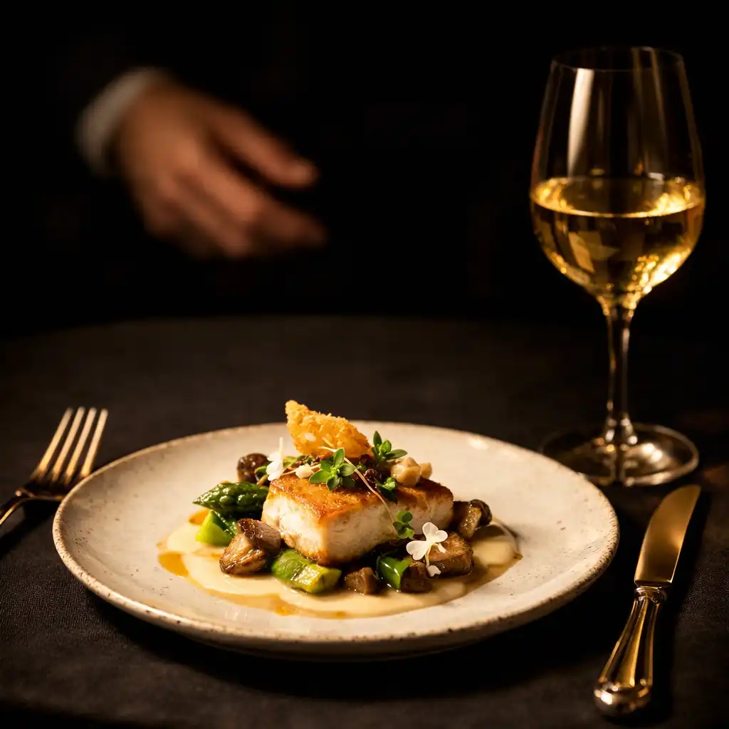 Assiette gastronomique, verrerie et couverts sur une table en lumière basse